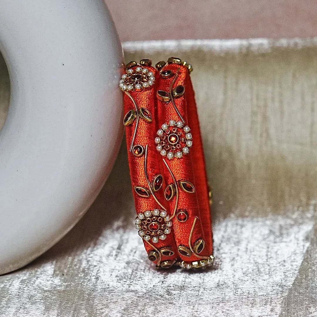 Designer Thread Work Kundan Leaf Style Kada Bangle for Women & Girls (Pack of 2) - The Golden Cascade